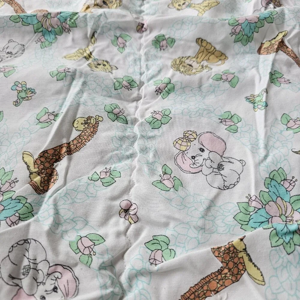 VTG Precious Moments Animal Baby Quilt Blanket Flowers Pink Flannel‎ Back 31x41